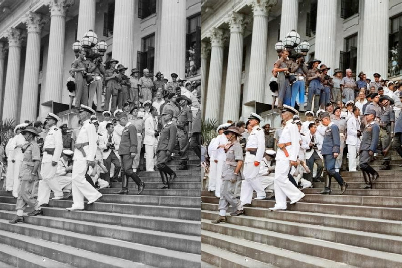 Rendición de japón en Singapur (1945) / a la derecha, la versión coloreada por Colourise.sg